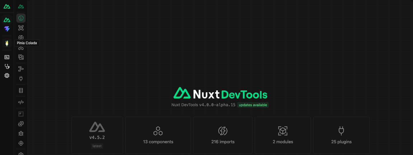 The Pinia Colada entry in the Nuxt DevTools sidebar