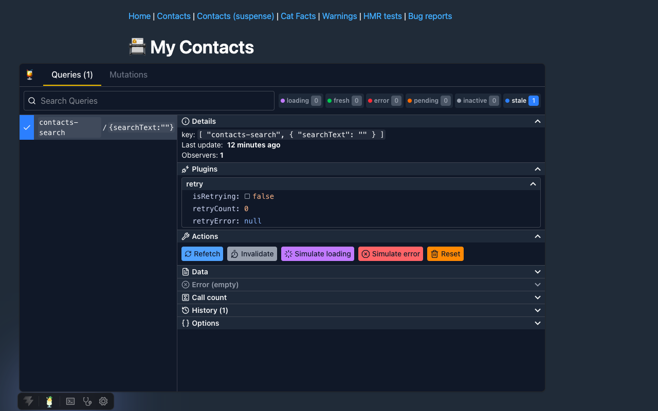 Pinia Colada v2 inspecting a query in Vite DevTools